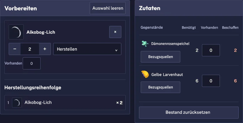 Zwei Alkobog-Lich aufgeschlüsselt in Dämonenrosenspeichel und Gelbe Larvenhaut
