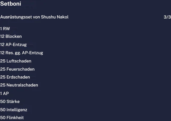 Die Boni des Ausrüstungssets von Shushu Nakol mit drei angelegten Teilen