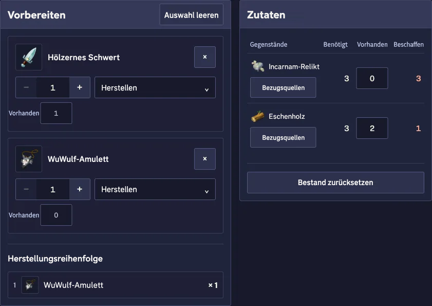 Ein vorhandenes Hölzernes Schwert lässt nur ein Eschenholz für das WuWulf-Amulett fehlen