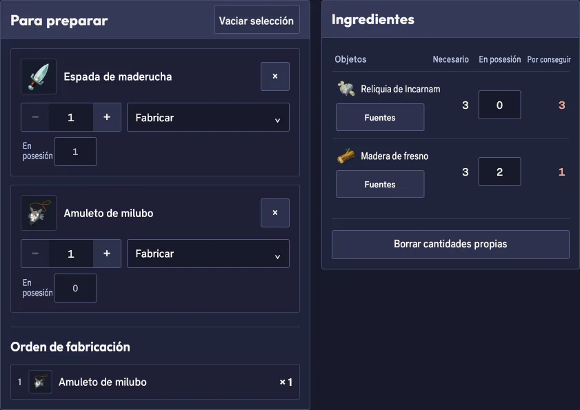 Tener la Espada de maderucha deja solo una Madera de fresno pendiente para el Amuleto de milubo