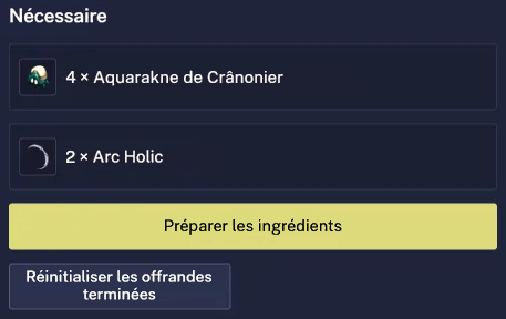Les matériaux de l'Almanax restants après avoir terminé l'offrande de bois