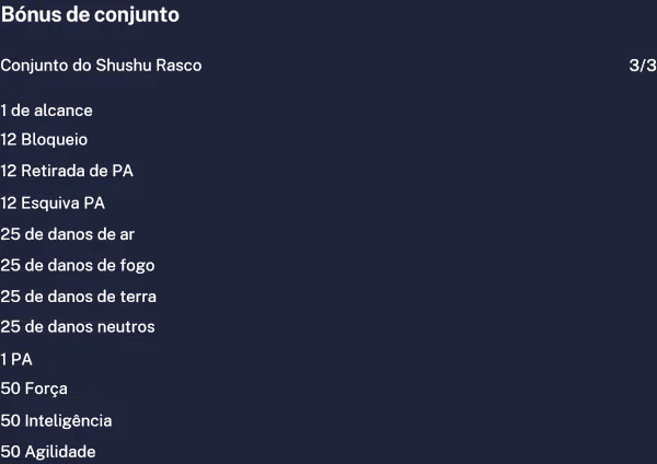 Bônus do Conjunto do Shushu Rasco com três peças equipadas