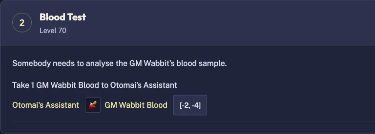 The quest sample, recipient and location beside the Blood Test objective